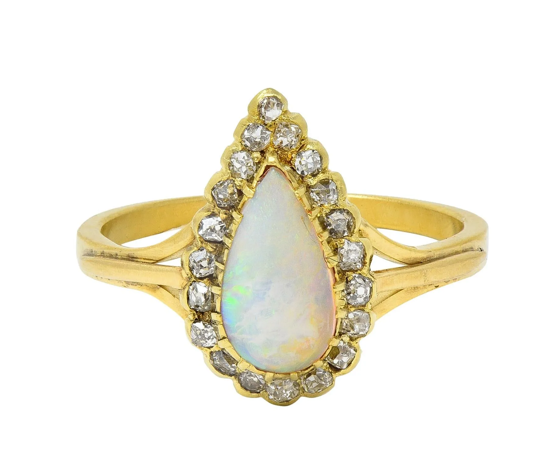 Victorian Opal Pear Cabochon Old Mine Diamond 18 Karat Yellow Gold Antique Halo Ring