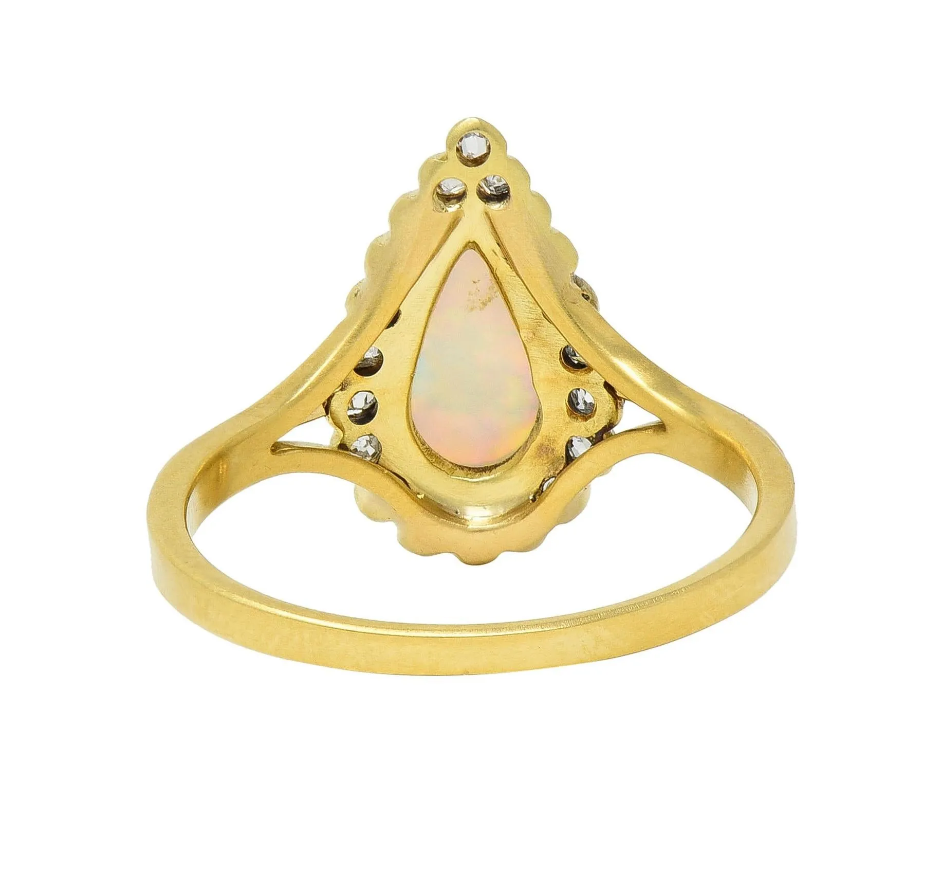 Victorian Opal Pear Cabochon Old Mine Diamond 18 Karat Yellow Gold Antique Halo Ring