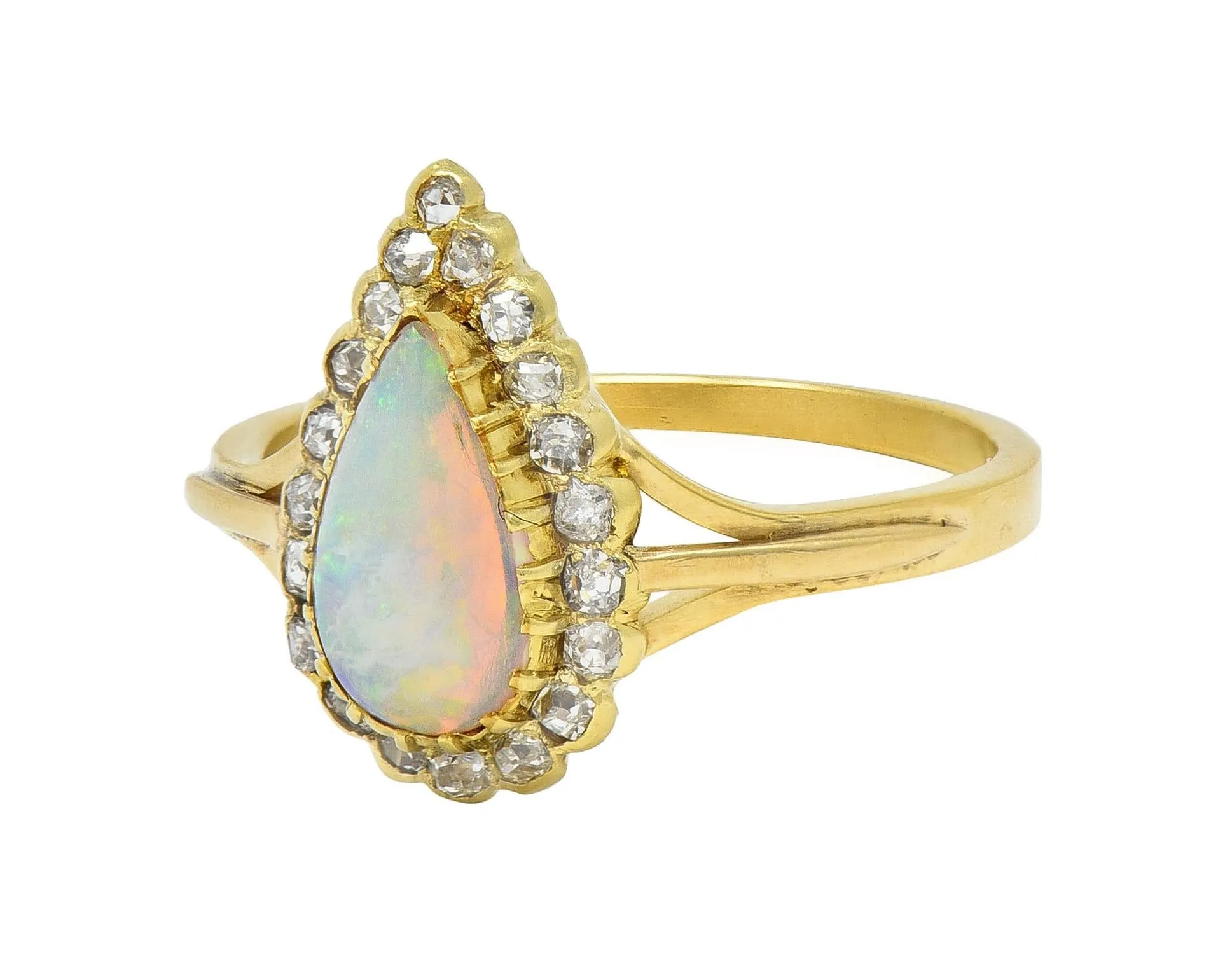 Victorian Opal Pear Cabochon Old Mine Diamond 18 Karat Yellow Gold Antique Halo Ring