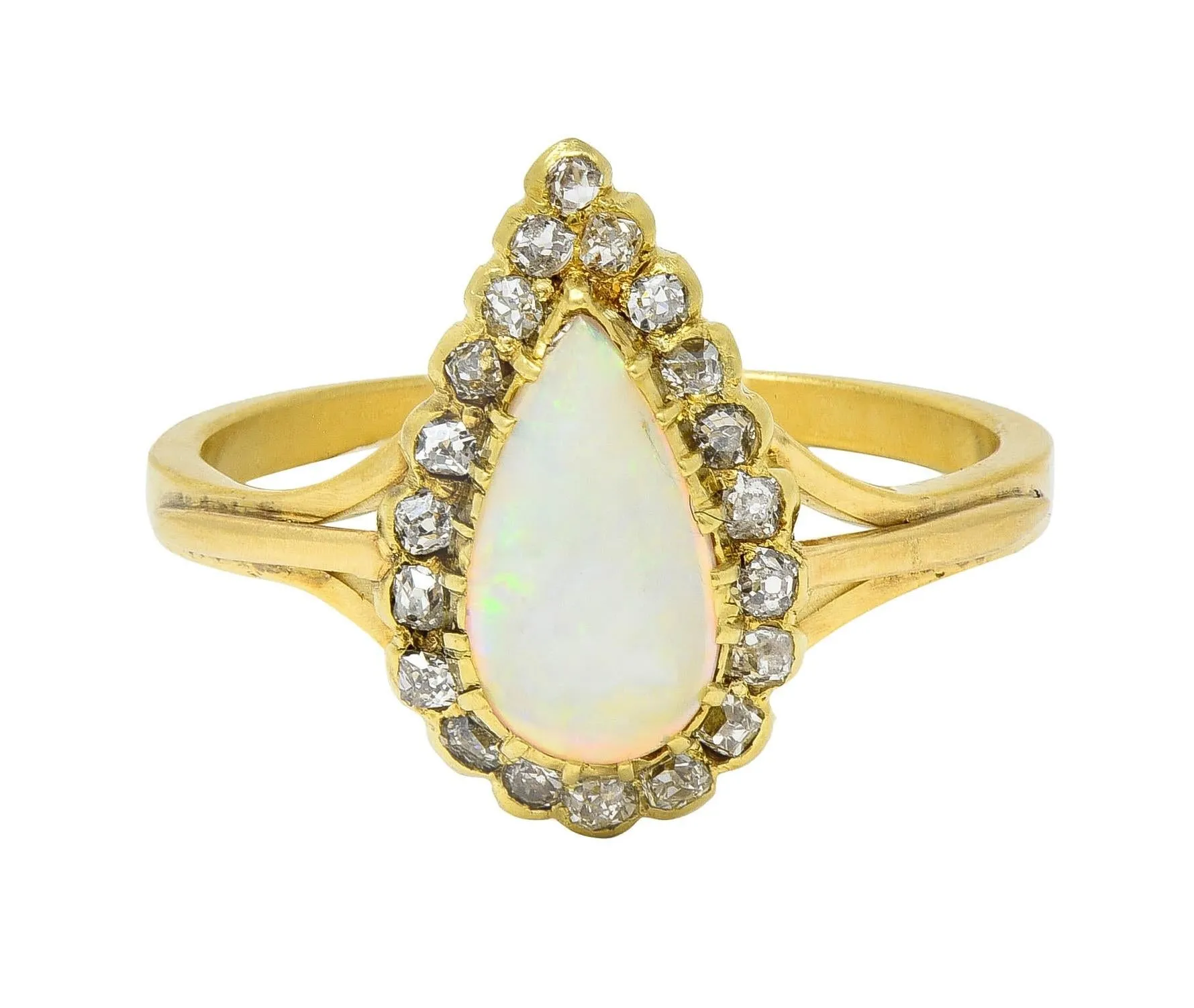 Victorian Opal Pear Cabochon Old Mine Diamond 18 Karat Yellow Gold Antique Halo Ring