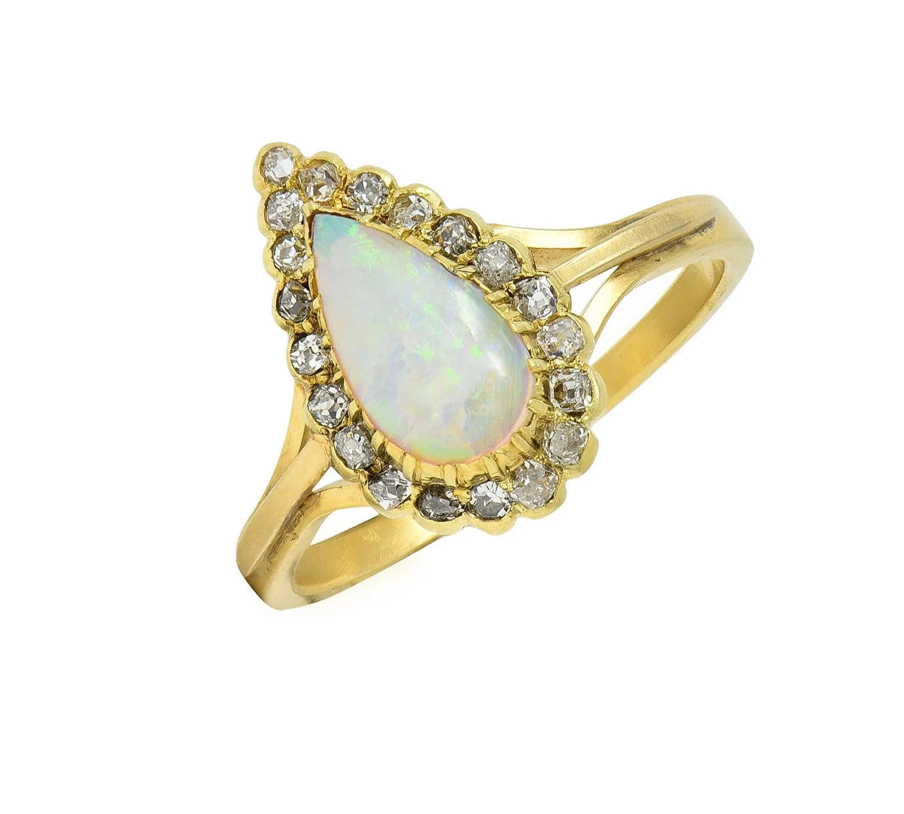 Victorian Opal Pear Cabochon Old Mine Diamond 18 Karat Yellow Gold Antique Halo Ring