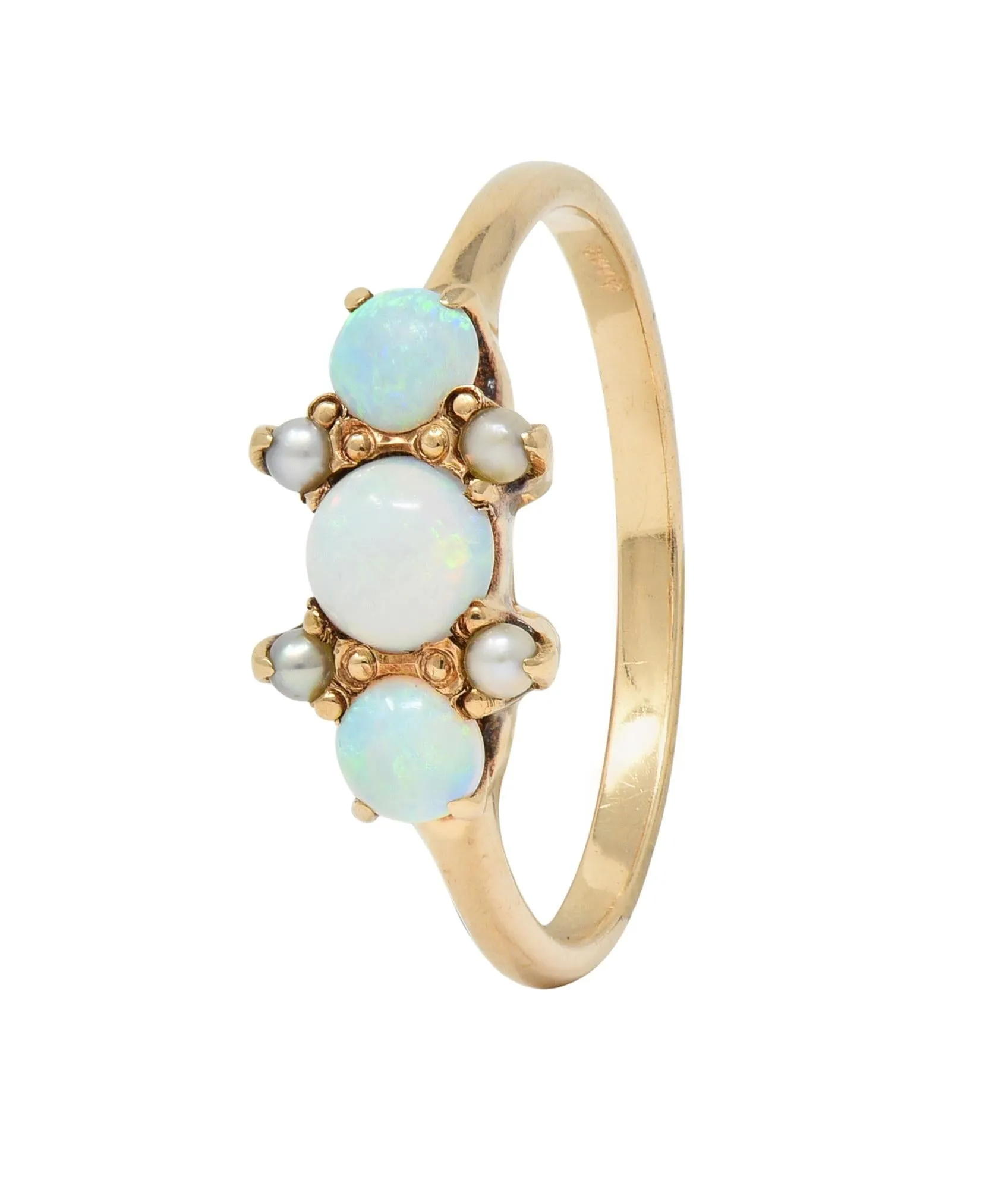 Victorian Opal Pearl 14 Karat Yellow Gold Three Stone Antique Ring