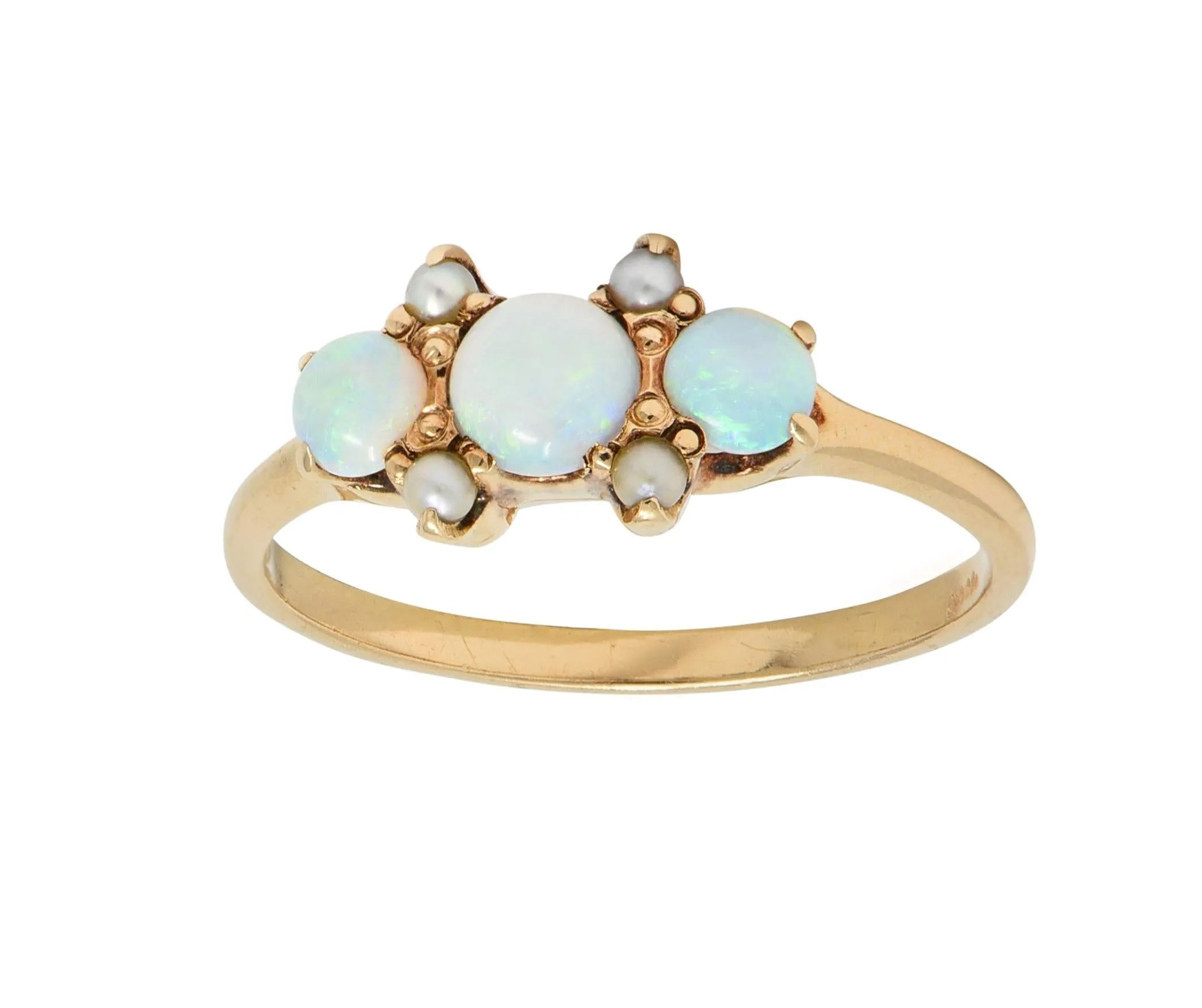 Victorian Opal Pearl 14 Karat Yellow Gold Three Stone Antique Ring