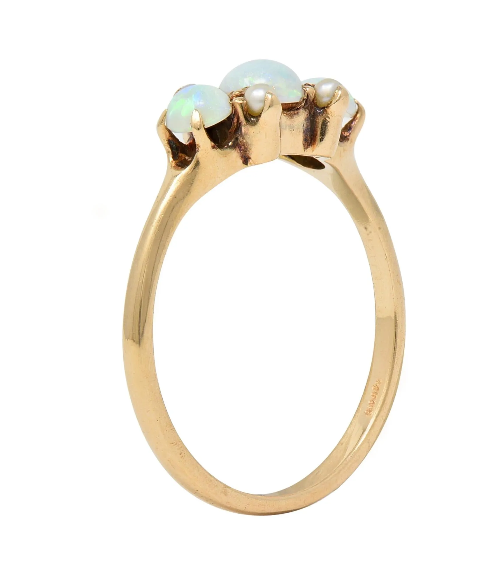 Victorian Opal Pearl 14 Karat Yellow Gold Three Stone Antique Ring