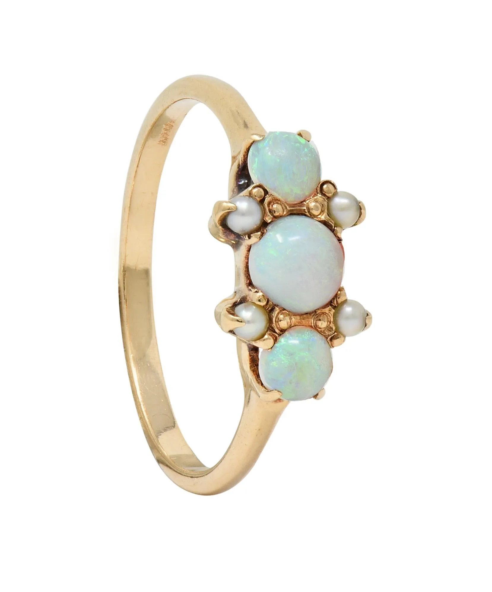 Victorian Opal Pearl 14 Karat Yellow Gold Three Stone Antique Ring