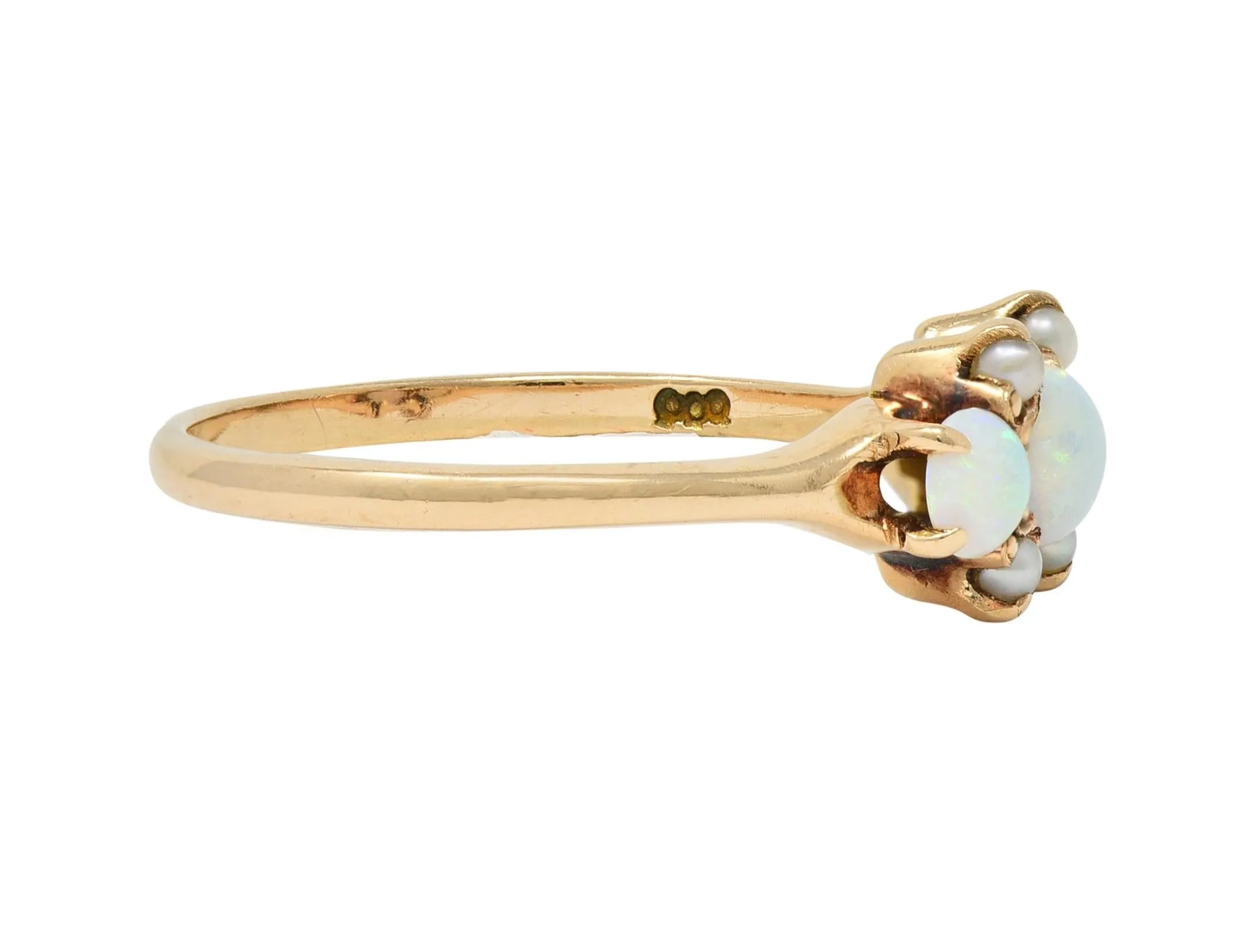 Victorian Opal Pearl 14 Karat Yellow Gold Three Stone Antique Ring