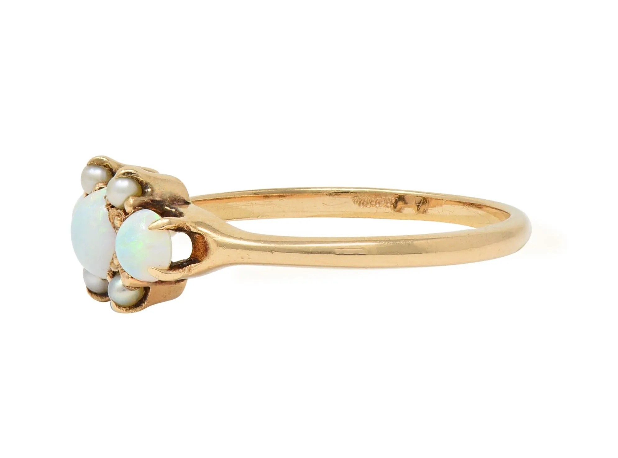 Victorian Opal Pearl 14 Karat Yellow Gold Three Stone Antique Ring