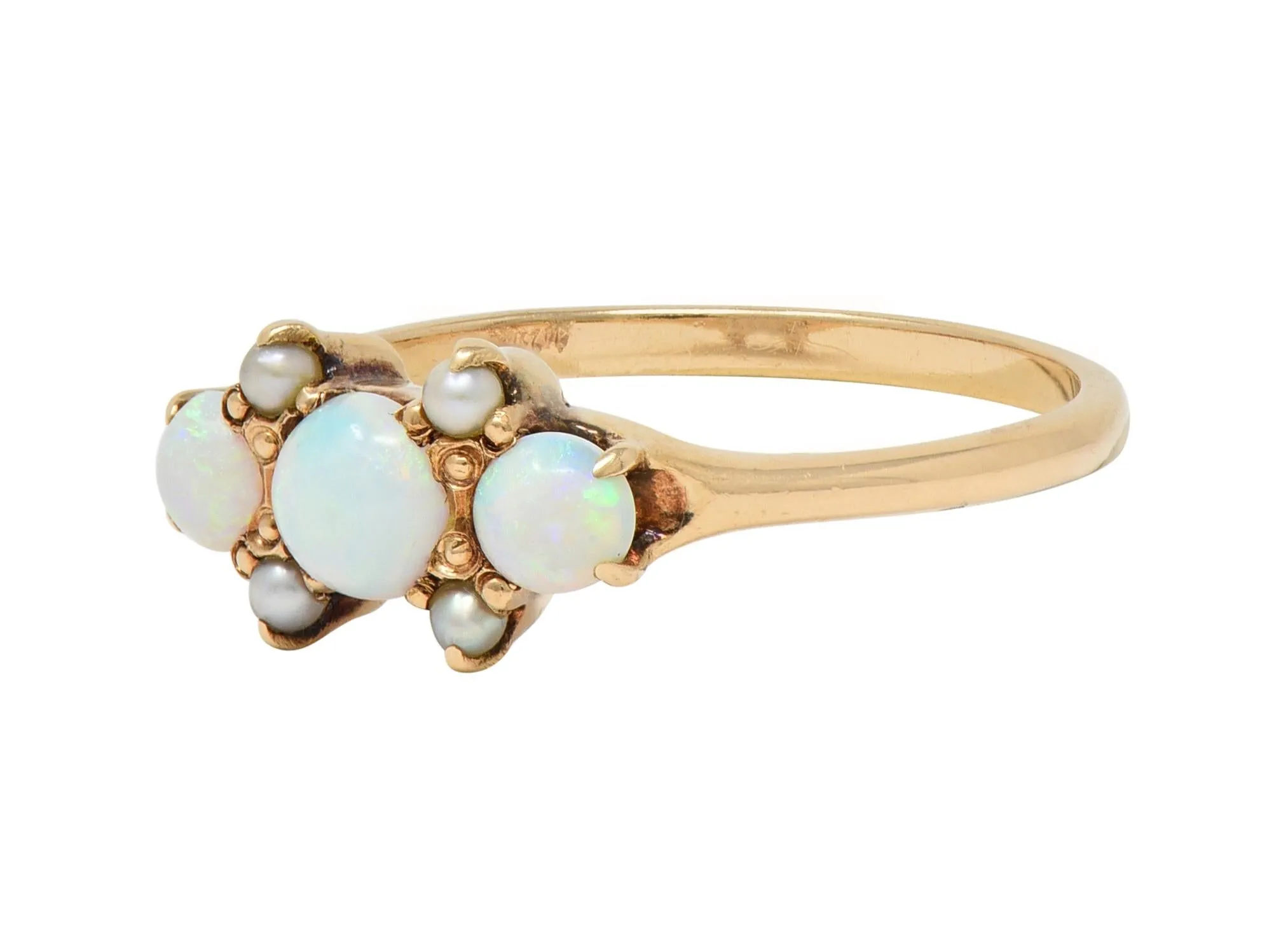 Victorian Opal Pearl 14 Karat Yellow Gold Three Stone Antique Ring