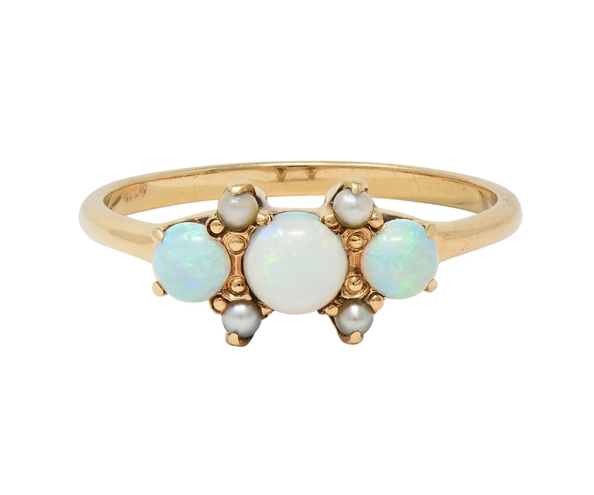 Victorian Opal Pearl 14 Karat Yellow Gold Three Stone Antique Ring