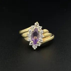 Vintage 10K Gold Amethyst Diamond Halo Ring, Sz 4 3/4