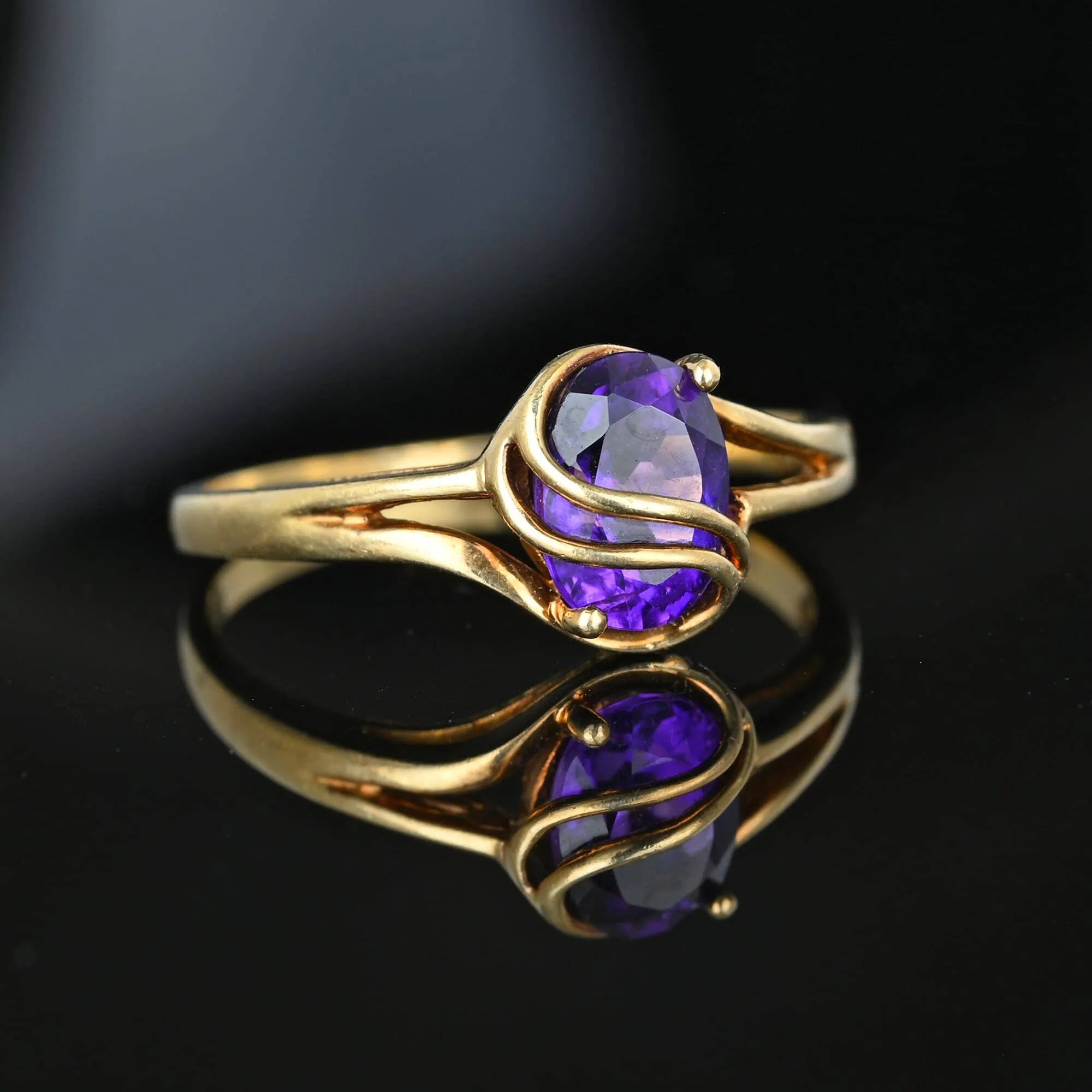 Vintage 10K Gold Bypass Amethyst Ring, Sz 9