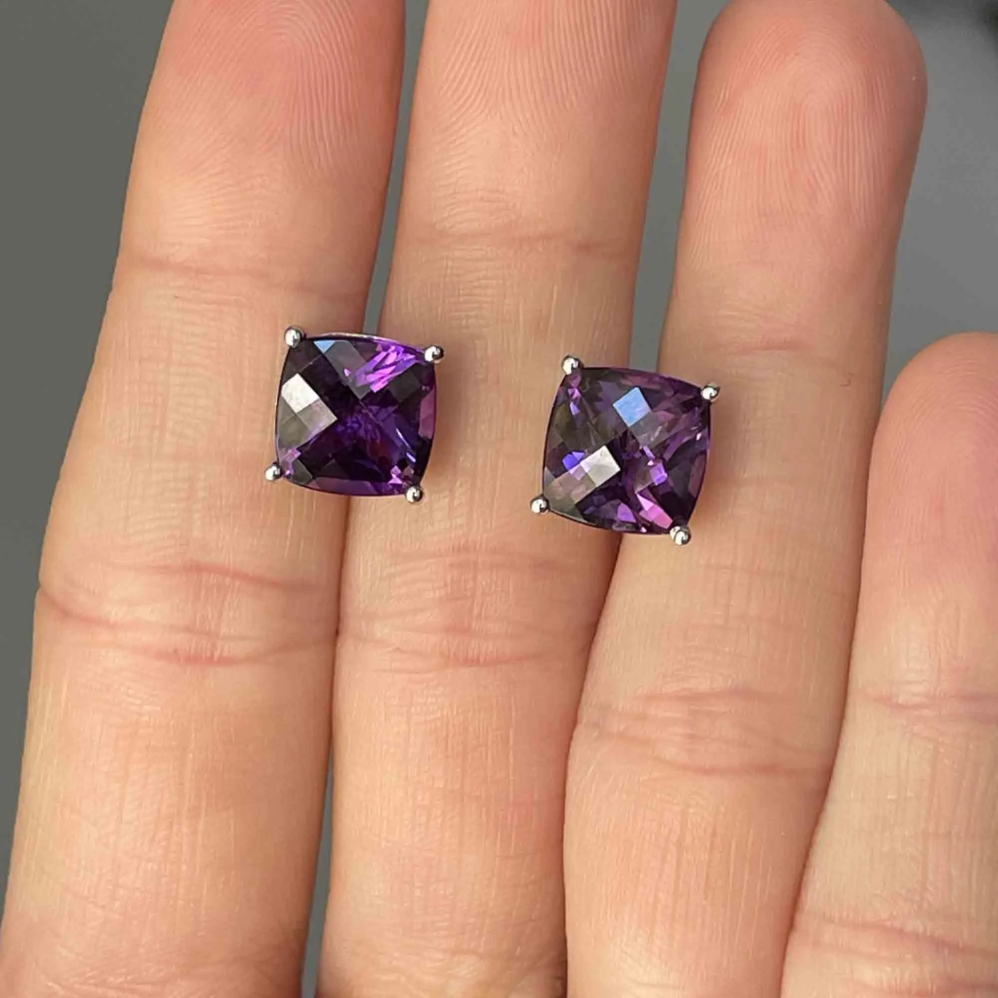 Vintage 14K White Gold Amethyst Square Cut Stud Earrings