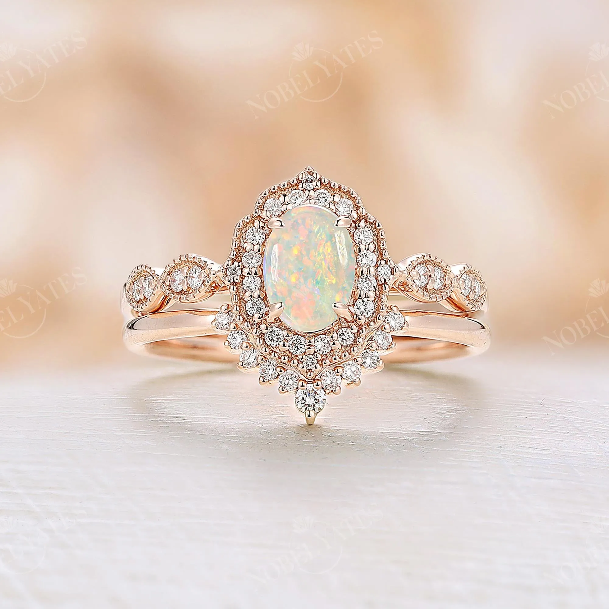 Vintage Oval Opal Milgrain Halo Bridal Set Rose Gold