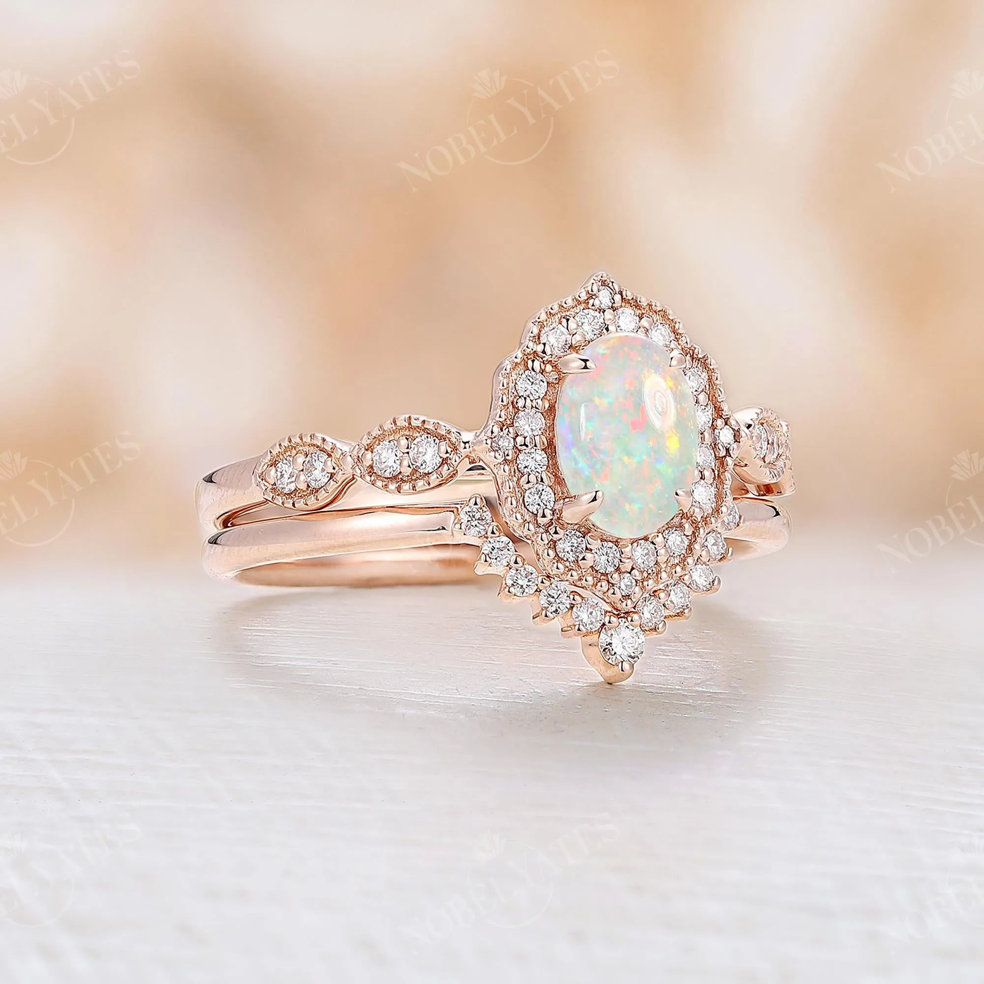 Vintage Oval Opal Milgrain Halo Bridal Set Rose Gold