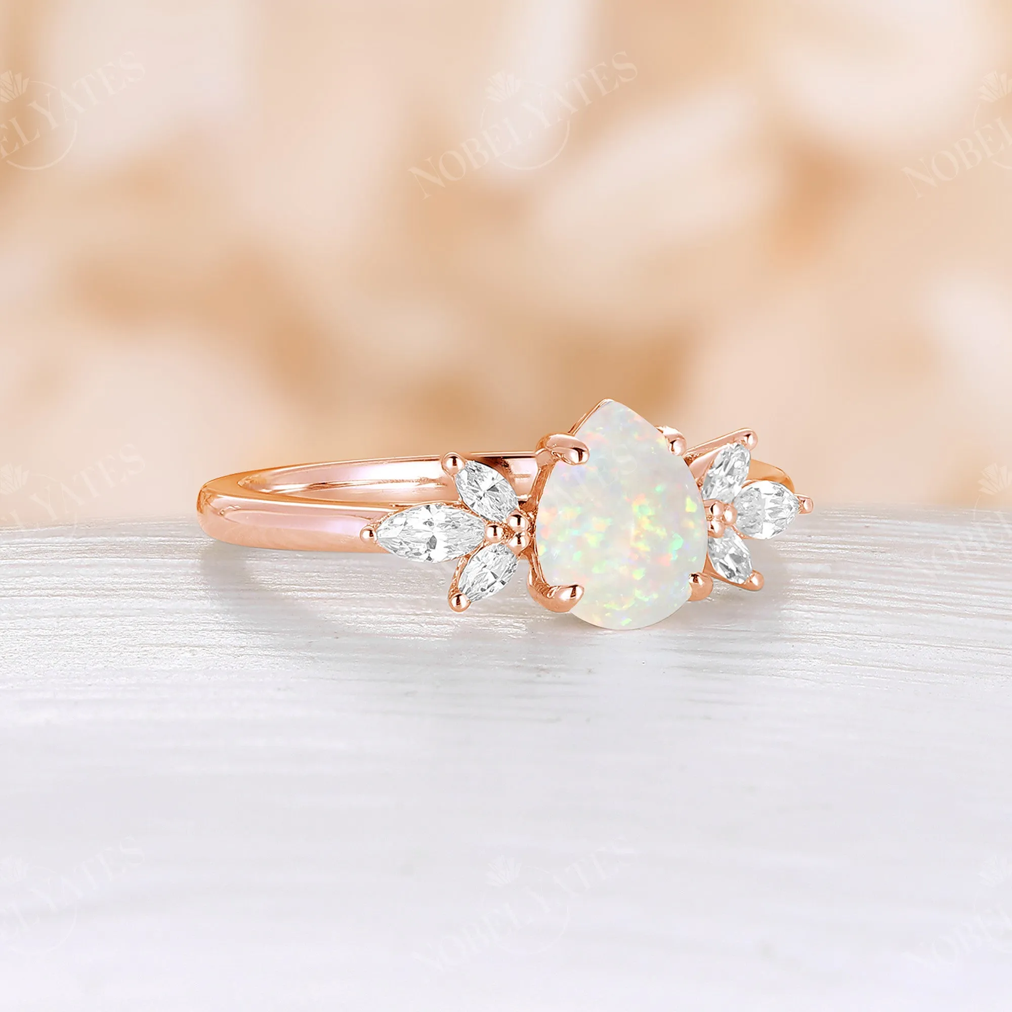 Vintage Pear White Opal Rose Gold Cluster Engagement Ring