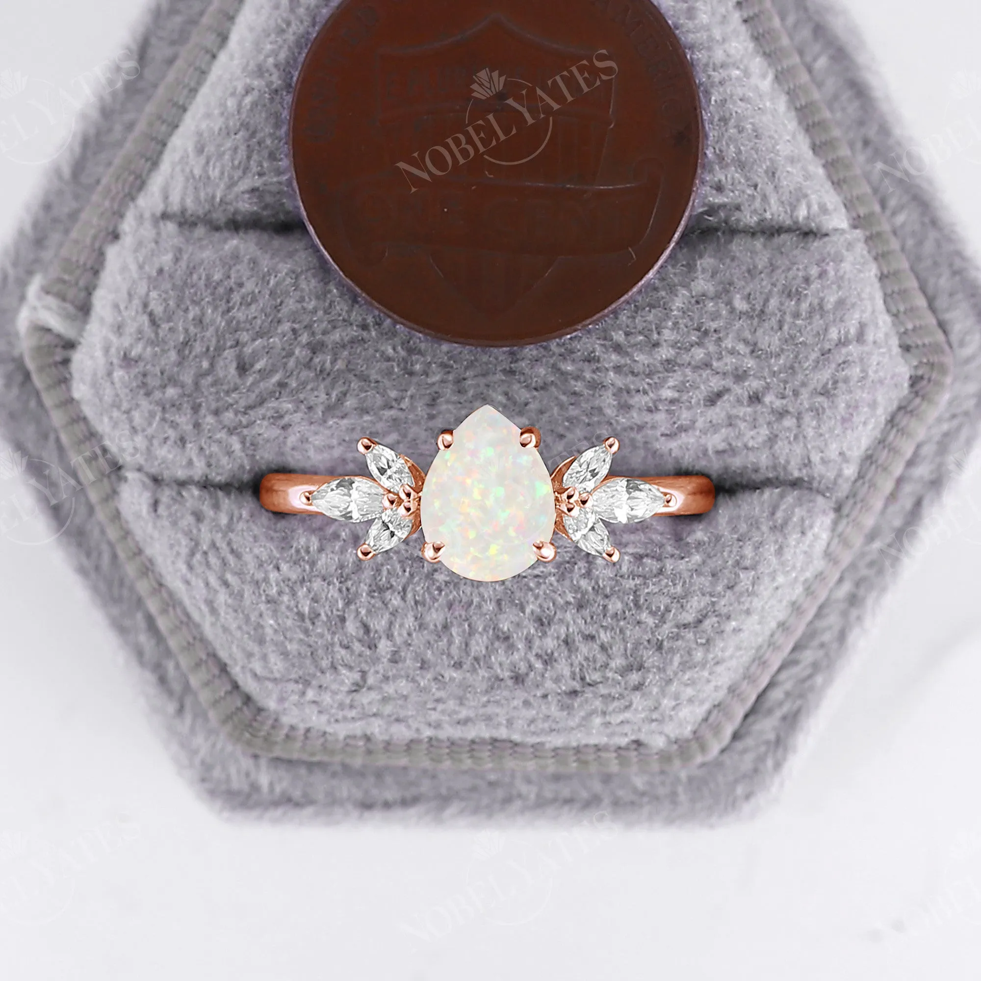 Vintage Pear White Opal Rose Gold Cluster Engagement Ring