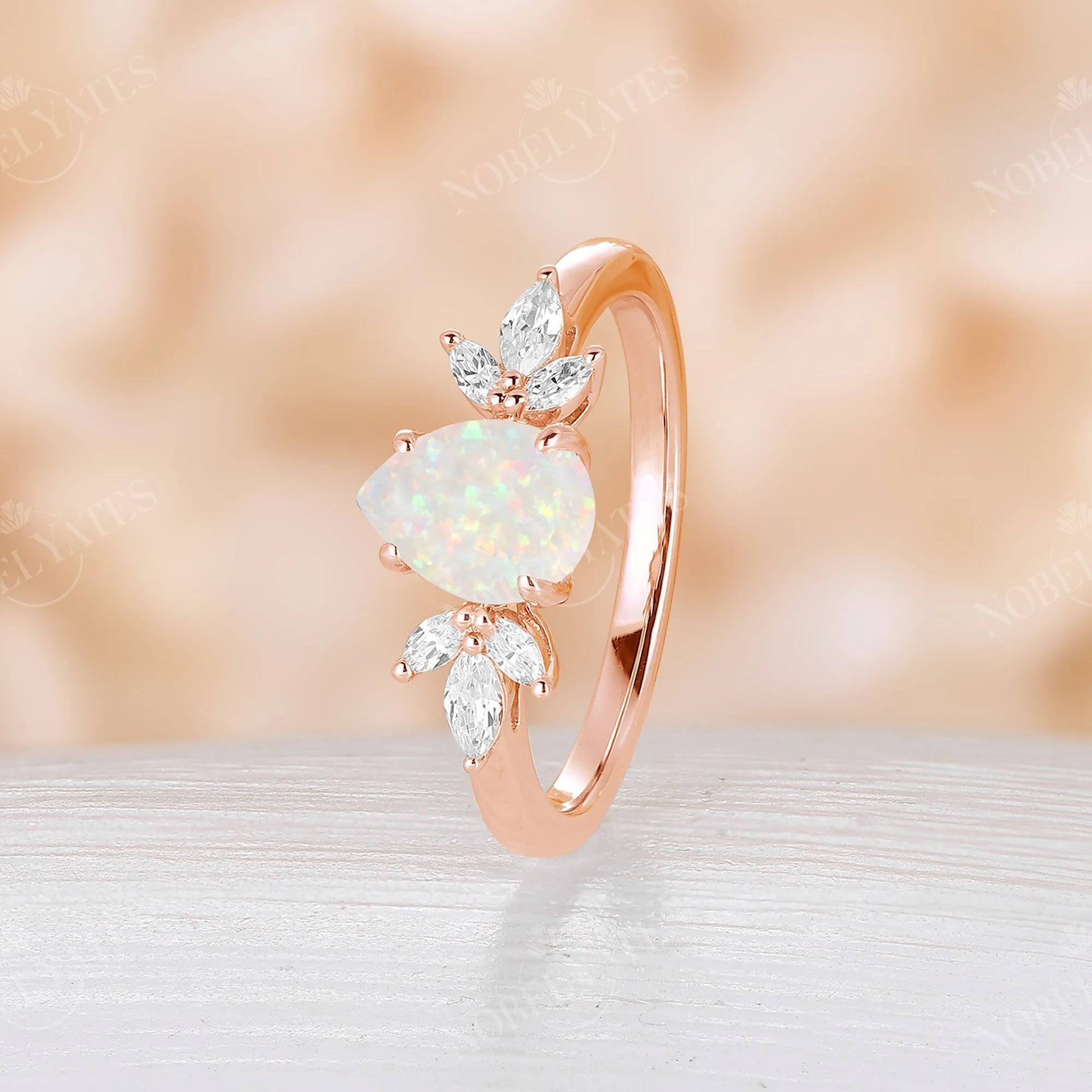 Vintage Pear White Opal Rose Gold Cluster Engagement Ring