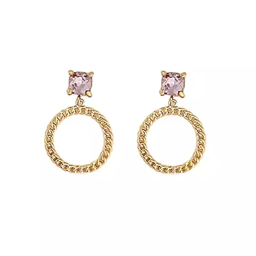 Violet Glass Stone Round Brass Chain Style Hoop Earrings