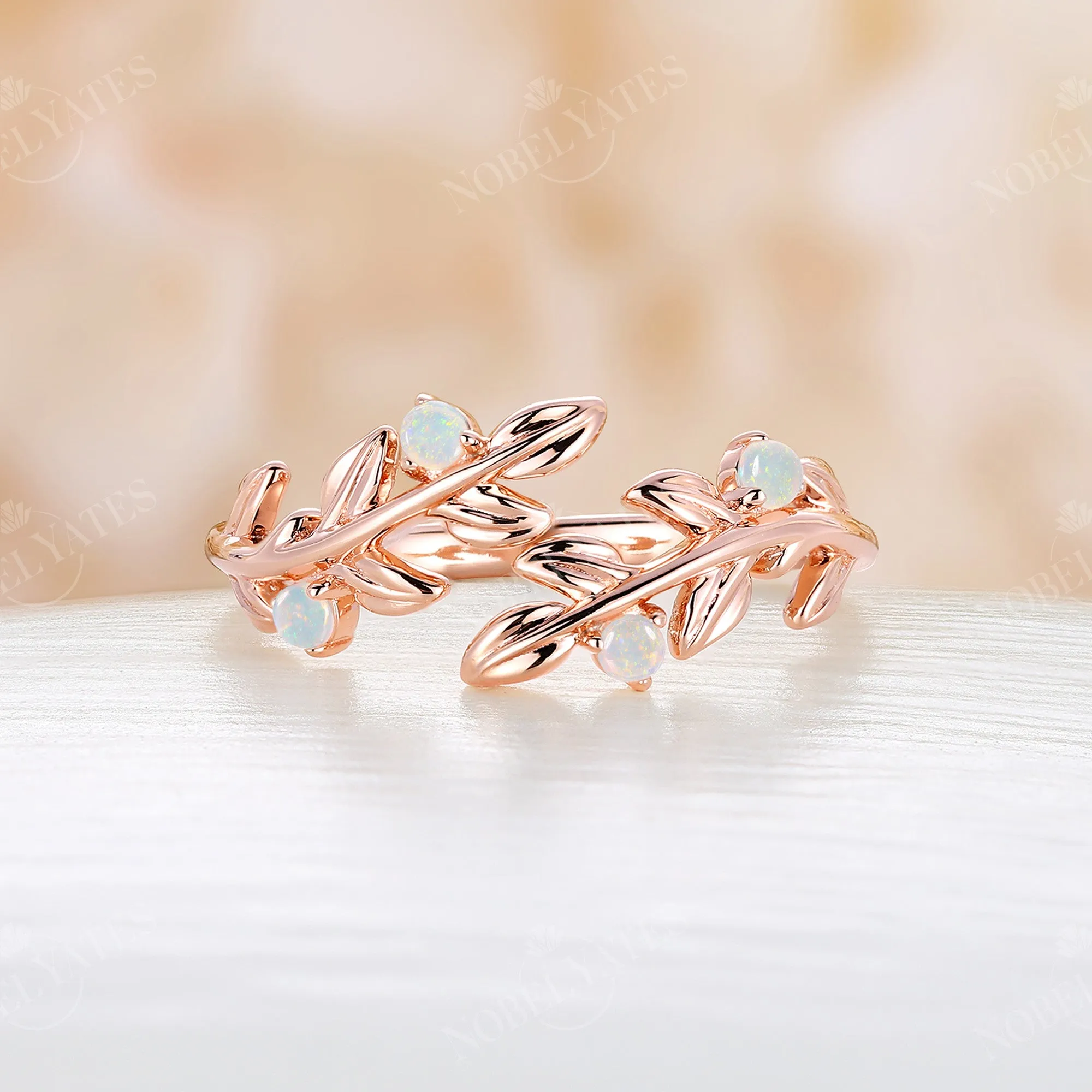 White Opal Nature Inspired Twig Leaf Wedding Band Rose Gold