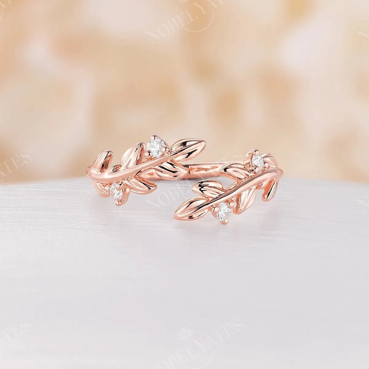 White Opal Nature Inspired Twig Leaf Wedding Band Rose Gold