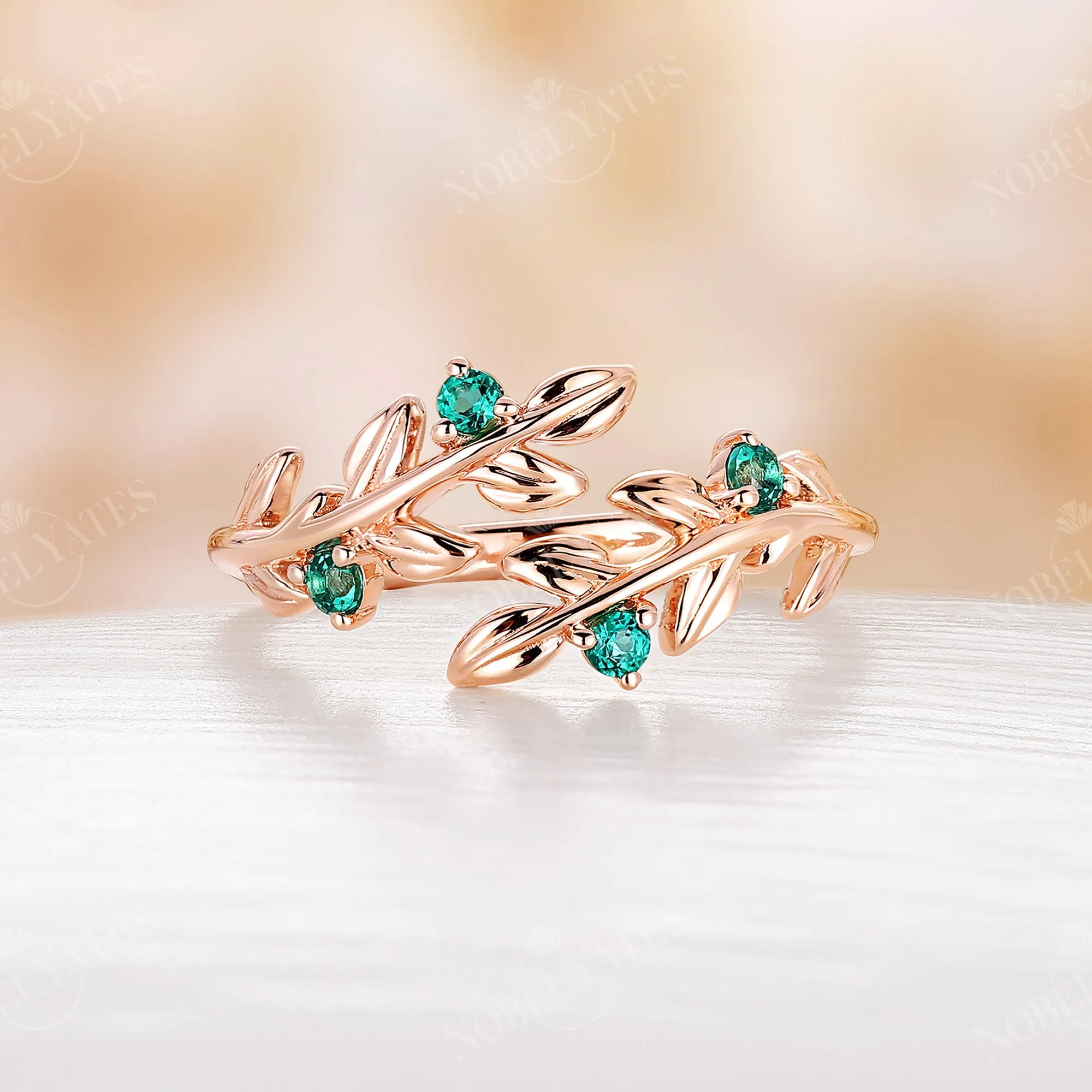 White Opal Nature Inspired Twig Leaf Wedding Band Rose Gold