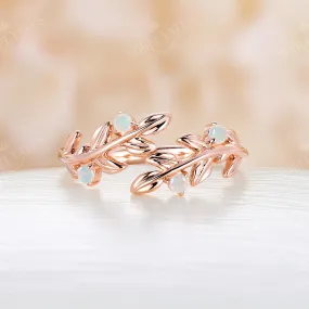 White Opal Nature Inspired Twig Leaf Wedding Band Rose Gold