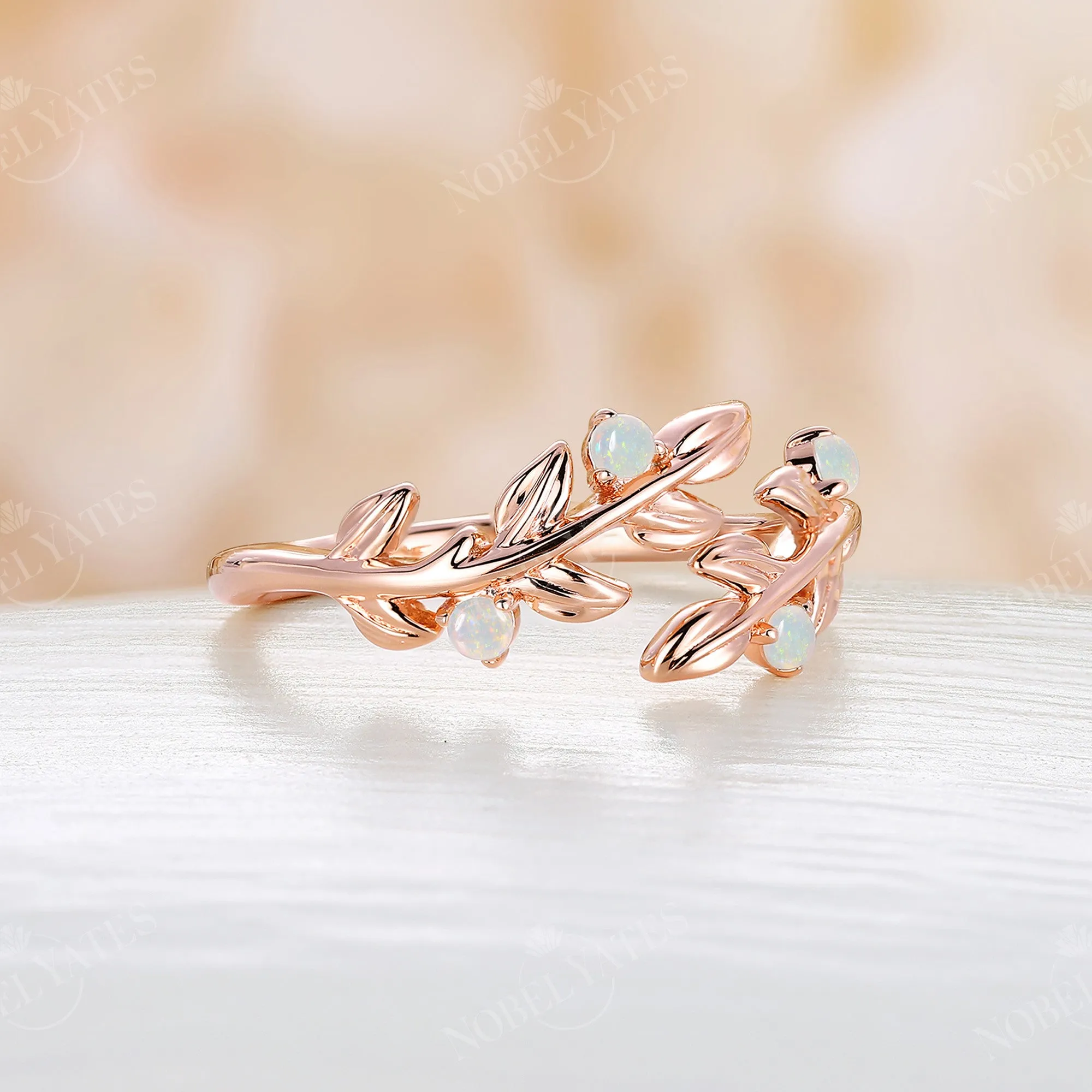 White Opal Nature Inspired Twig Leaf Wedding Band Rose Gold