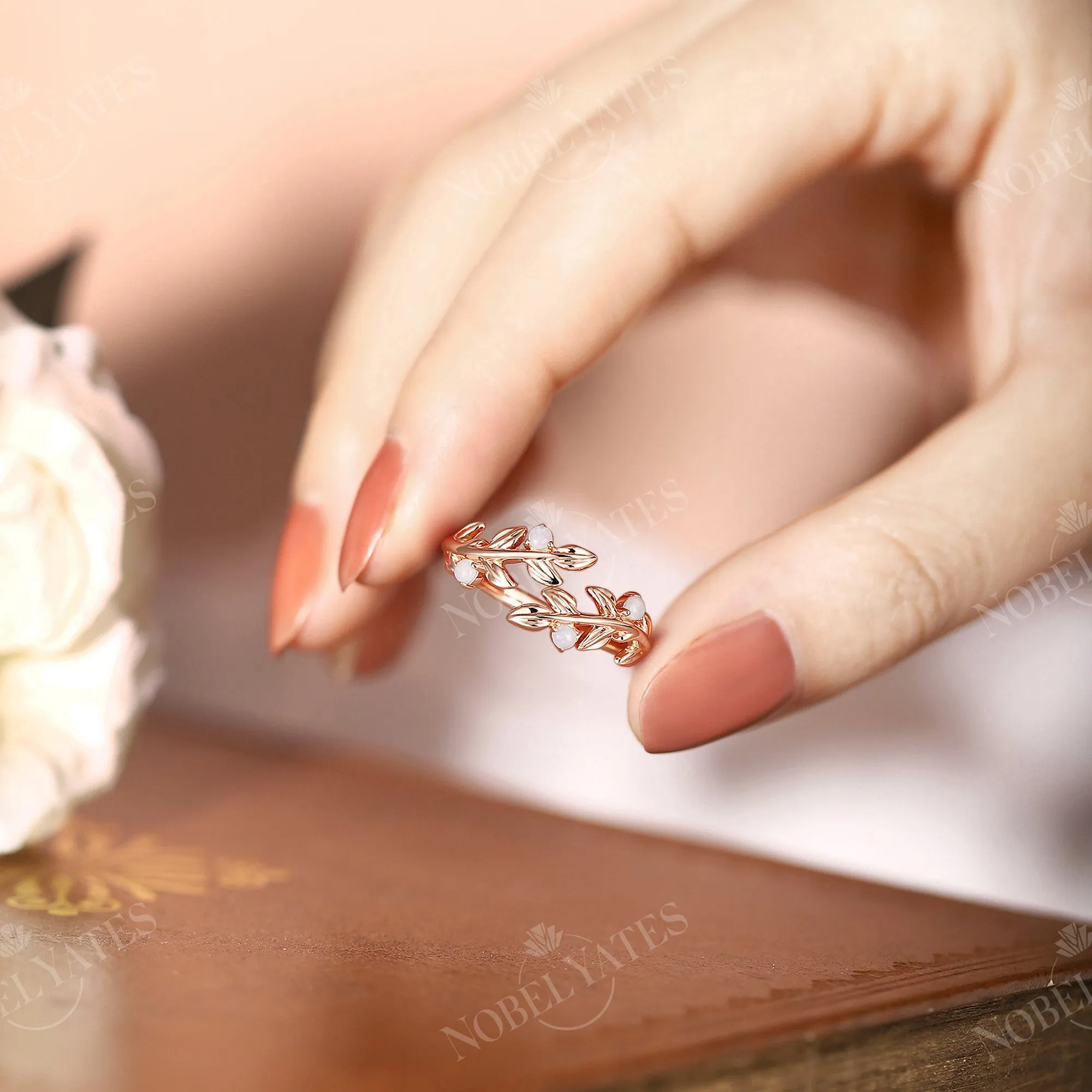 White Opal Nature Inspired Twig Leaf Wedding Band Rose Gold