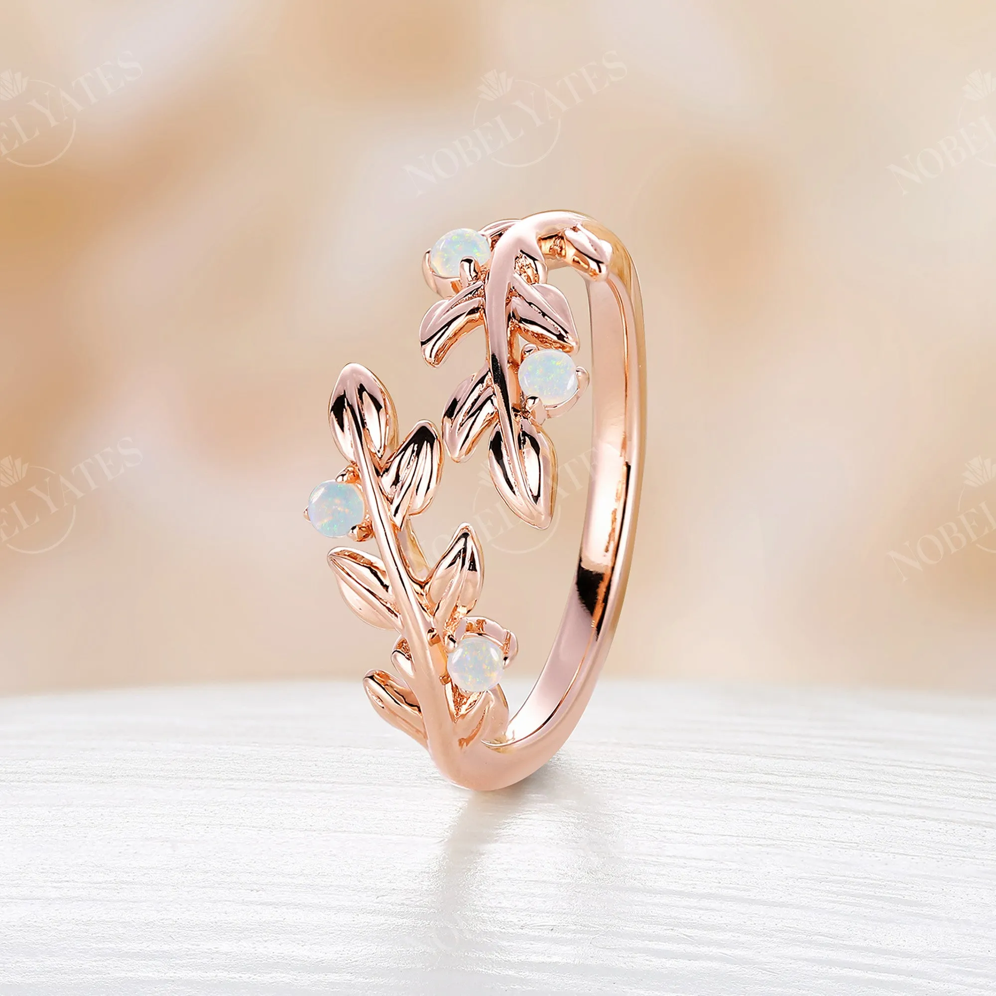 White Opal Nature Inspired Twig Leaf Wedding Band Rose Gold