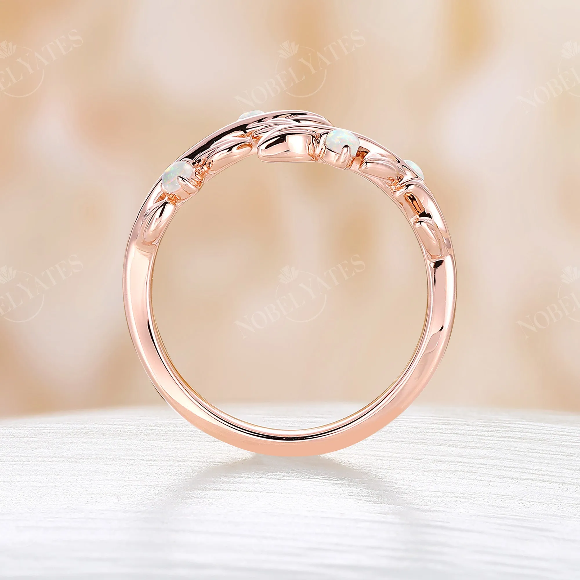 White Opal Nature Inspired Twig Leaf Wedding Band Rose Gold