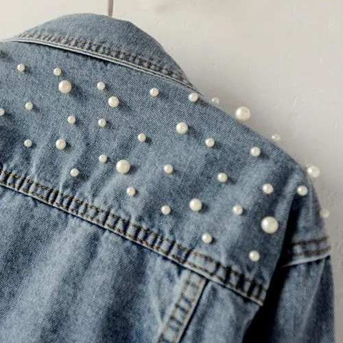 Women's Fashion Solid Color Beaded Single Breasted Coat Denim Jacket