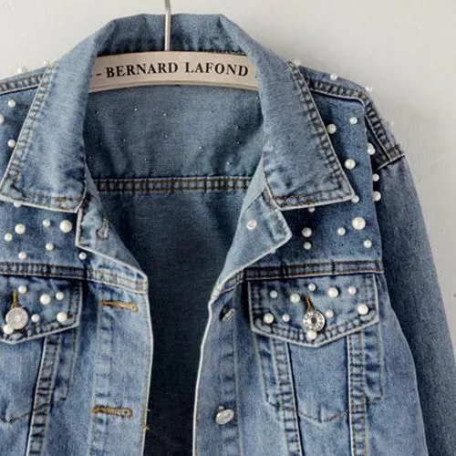 Women's Fashion Solid Color Beaded Single Breasted Coat Denim Jacket