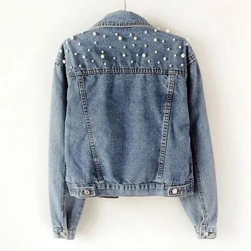 Women's Fashion Solid Color Beaded Single Breasted Coat Denim Jacket